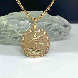 18K Libra Zodiac Pendant, Solid Yellow Gold Libra Necklace, Laser Engraved Design, Birthday Gift for Sept 23- Oct 22,