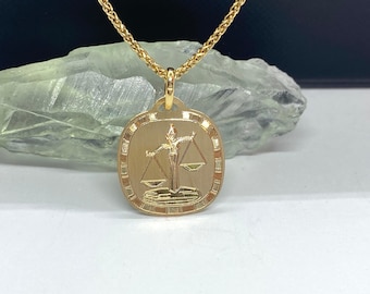 18K Libra Zodiac Pendant, Solid Yellow Gold Libra Necklace, Laser Engraved Design, Birthday Gift for Sept 23- Oct 22,