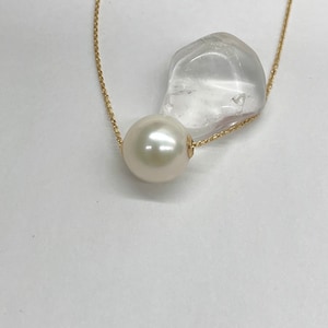 18K Gold Pearl Necklace, Single Floating Pearl Necklace, 10mm Freshwater Pearl, June Birthstone, Birthday Gift for Women, Jewelry for Woman