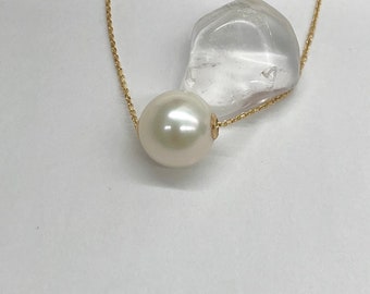 18K Gold Pearl Necklace, Single Floating Pearl Necklace, 10mm Freshwater Pearl, June Birthstone, Birthday Gift for Women, Jewelry for Woman