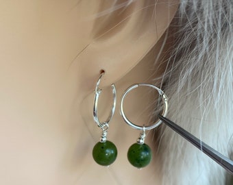 Natural Jade Earrings, Sterling Silver Hoop Earrings, Nephrite Canadian Jade, Natural Gemstone, Birthday gift for Women, Mother’s Day Gift