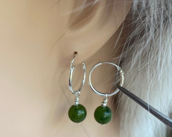 Natural Jade Earrings, Sterling Silver Hoop Earrings, Nephrite Canadian Jade, Natural Gemstone, Birthday gift for Women, Christmas Gift