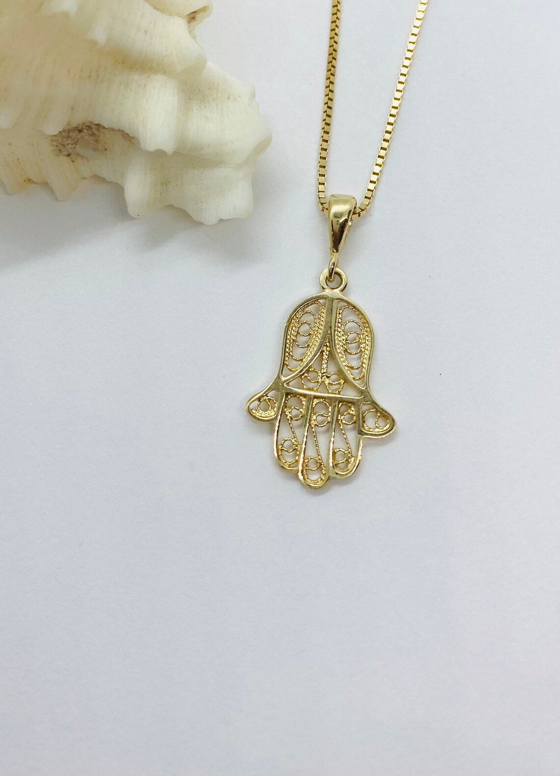 Gold Hamsa Pendant Gold Hand Necklace 14K Solid Gold 3D | Etsy