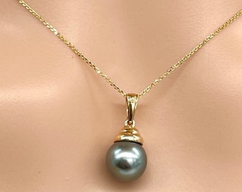 14K Tahitian Pearl Necklace, 9.5-10mm, Black Pearl Pendant, June Birthstone, Minimalist Jewelry, Mother’s Day Gift