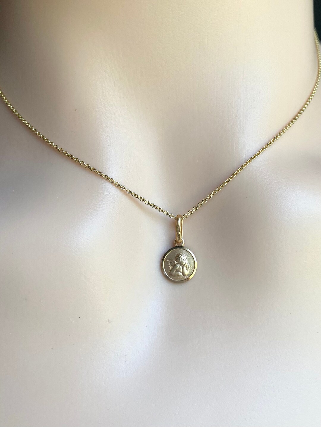 Guardian Angel Pendant, 8MM 14K Solid Gold Round 3D Design Angel