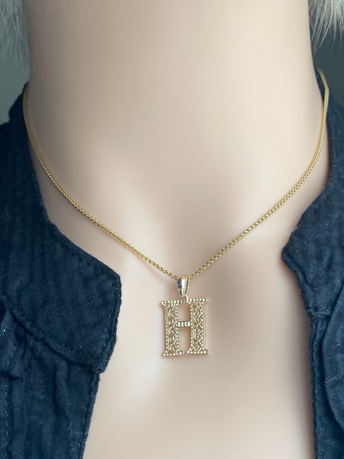 H Initial Pendant 10K Solid Gold Letter H Necklace Letter Etsy
