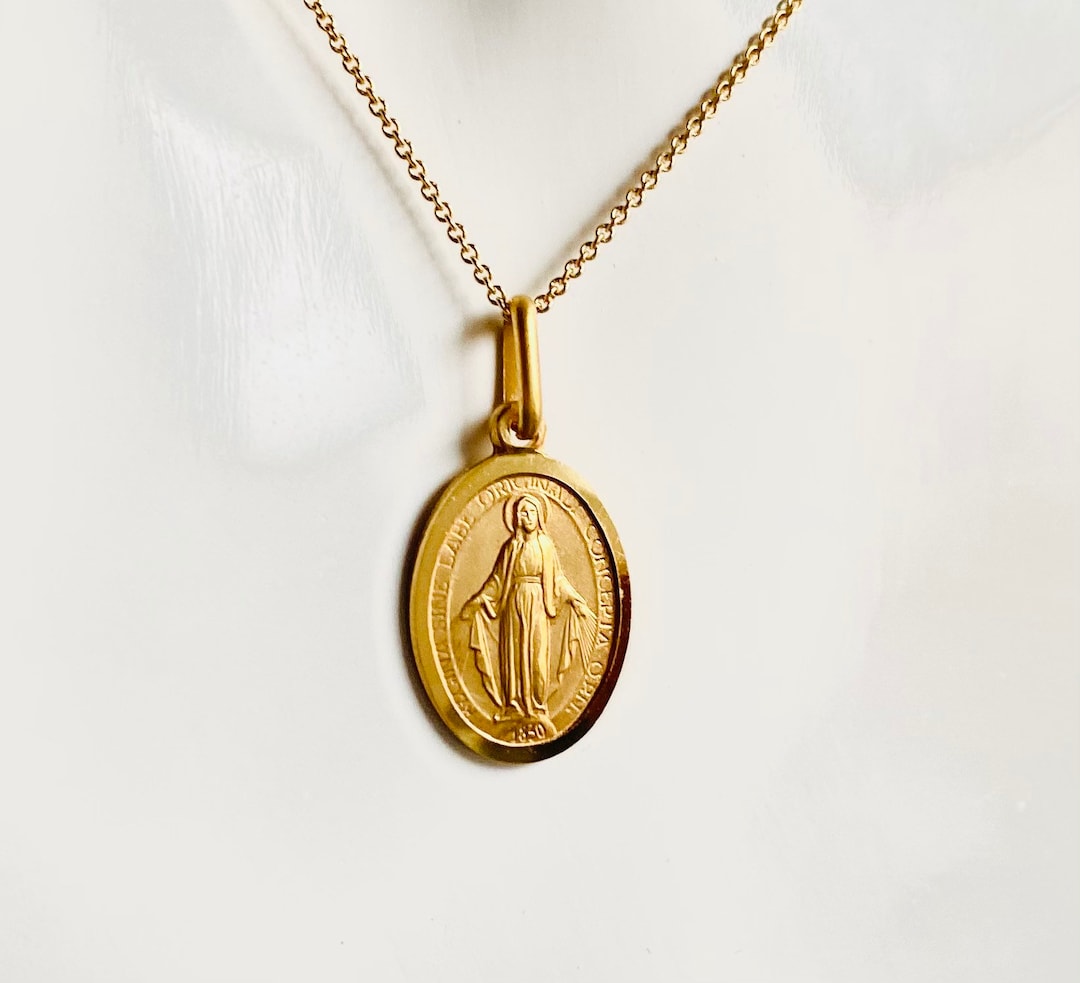 Our Lady of Miraculous, 15mm, 14K Solid Gold Virgin Mary Pendant, Mama ...