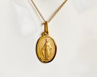 Our Lady Of Miraculous, 15mm, 14K Solid Gold Virgin Mary Pendant, Mama Mary Necklace, Religious Jewelry, Baptism Gift, Birthday Gift Women