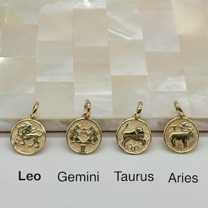 Wisiorek ze złotymi znakami zodiaku, 10-karatowe złoto, mały wisiorek 10 mm, prezent urodzinowy dla kobiet, prezent na dzień matki