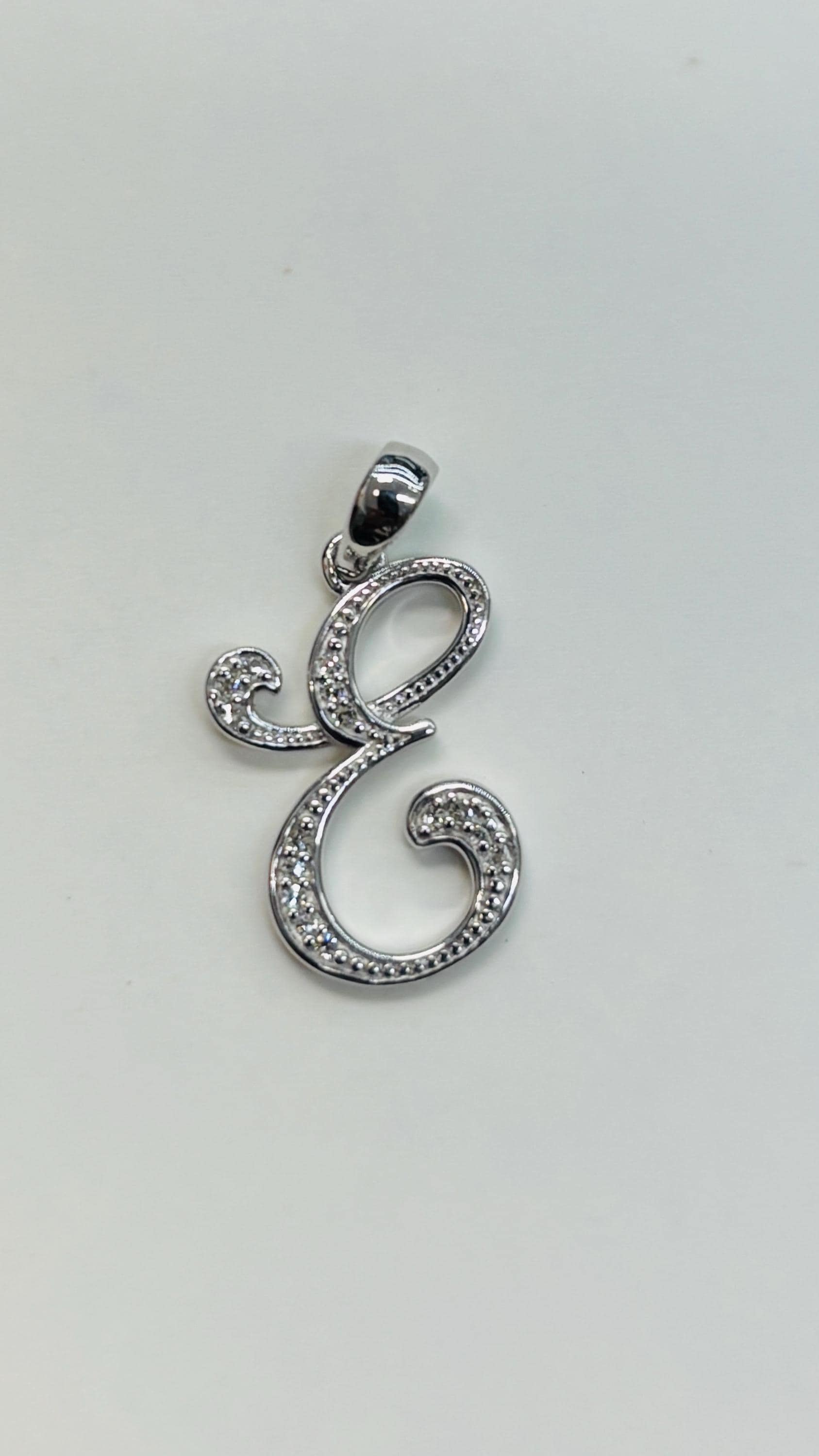 E Initial Pendant, 10K Gold Diamond Script Initial Necklace 