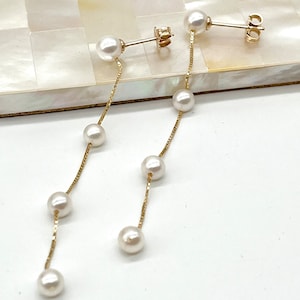 Long Pearl Gold Earrings, 10K 14K 18K Solid Gold Earrings, 4 White Pearl Dangle Earrings, Birthday Gift for Women, Jewelry for Woman