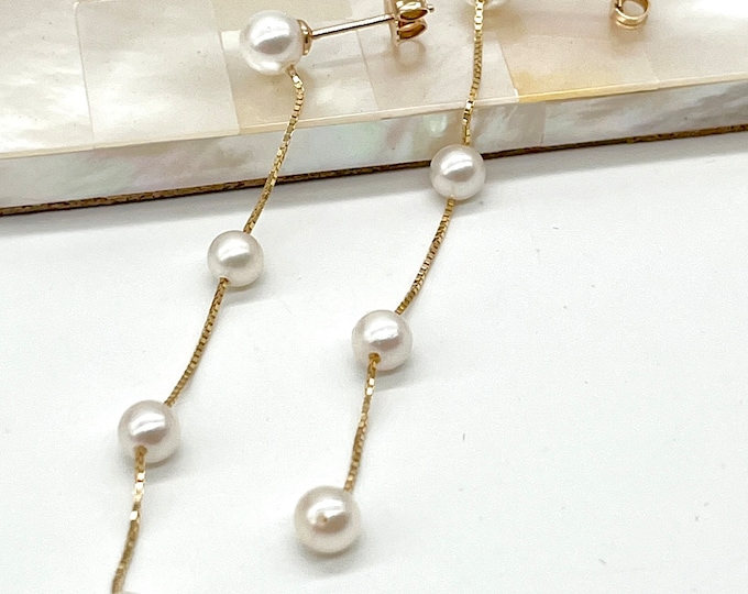 Long Pearl Gold Earrings, 10K 14K 18K Solid Gold Earrings, 4 White Pearl Dangle Earrings, Birthday Gift for Women, Jewelry for Woman
