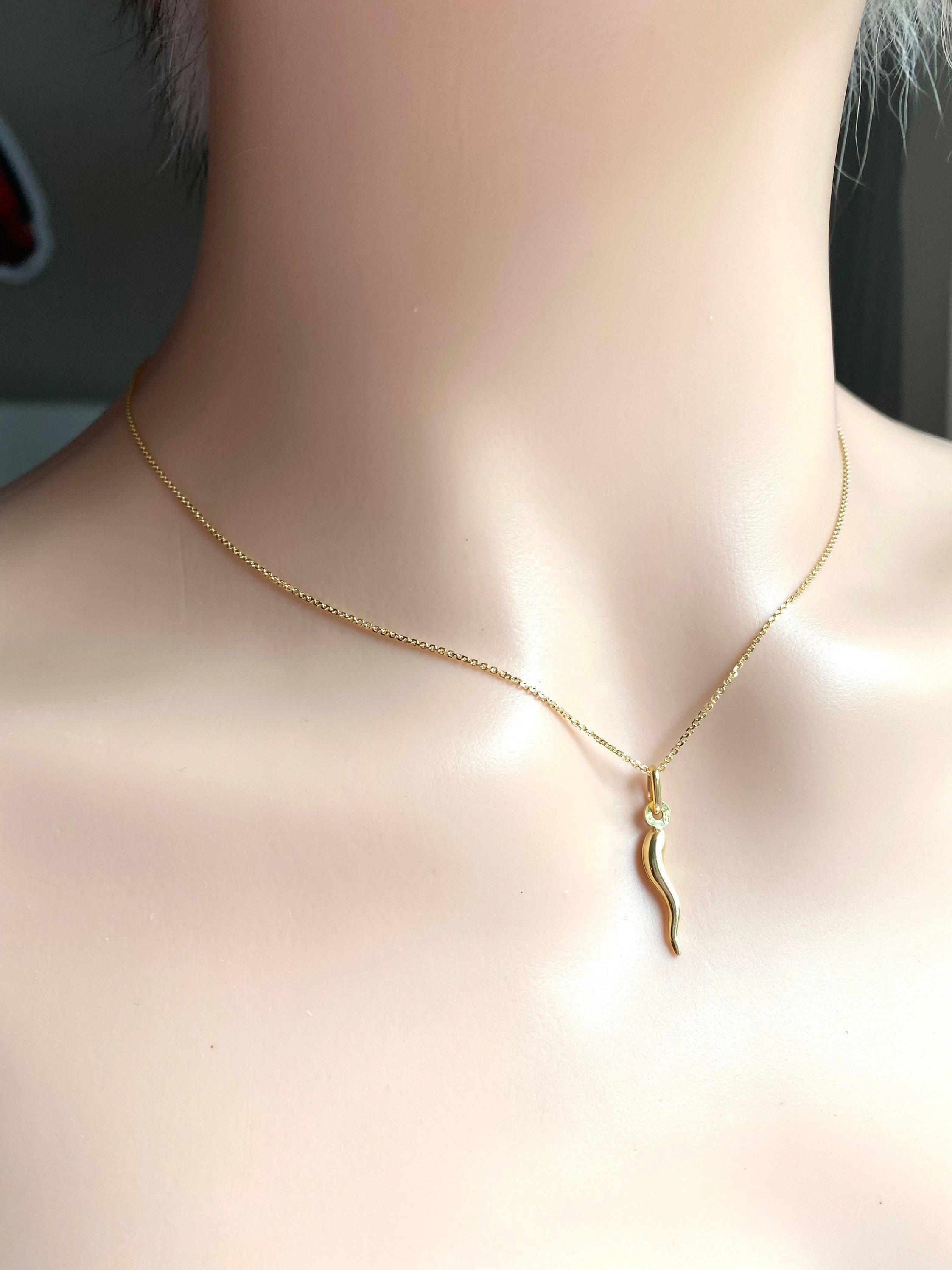 Horn Gold Pendant, 18K Solid Gold Chili Necklace, Cornicello Horn Gold Pendant, 18K Solid Gold Chili Necklace, Cornicello