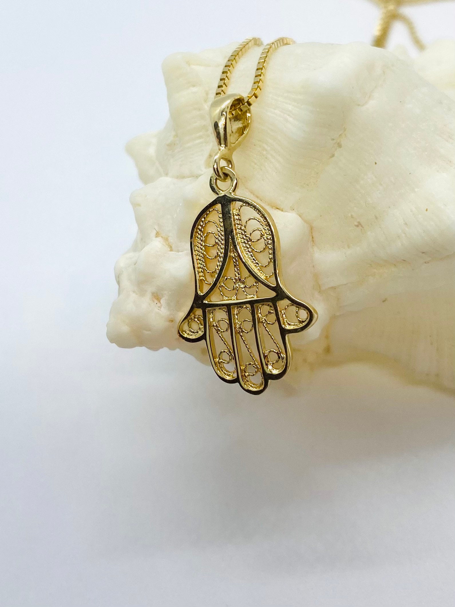 Gold Hamsa Pendant Gold Hand Necklace 14K Solid Gold 3D Etsy