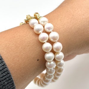 White Pearl Bracelet, 2 Row Freshwater Pearl, Versatile Statement Bracelet, Birthday Gift for Mom,