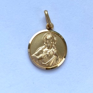 Sacred Heart Of Jesus, 14mm, 18K Solid Gold, Double Face Scapular, Religious Medal Unisex, Birthday Gift for Mom,