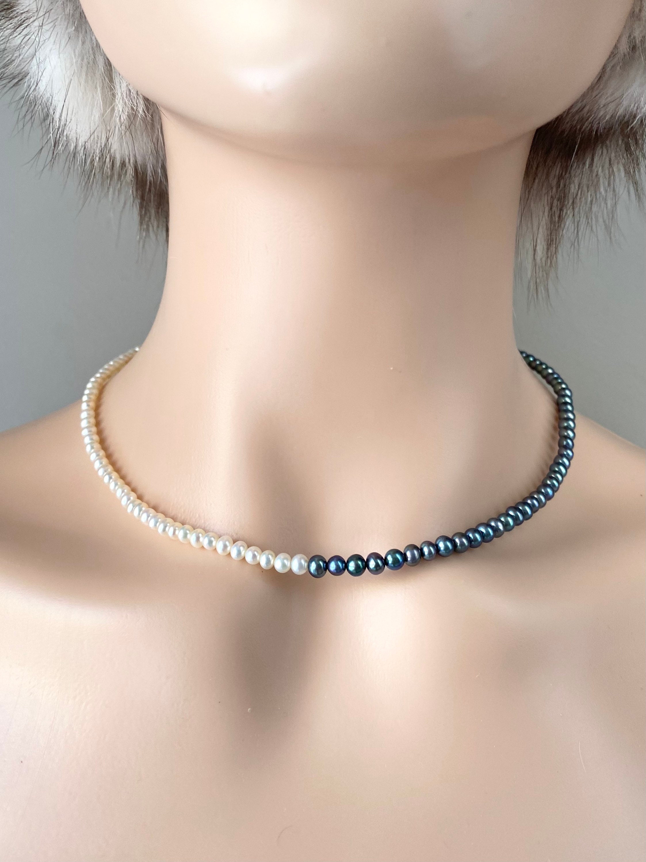 14K Black Pearl Necklace, 4mm Pearl Seed, Choker Necklace