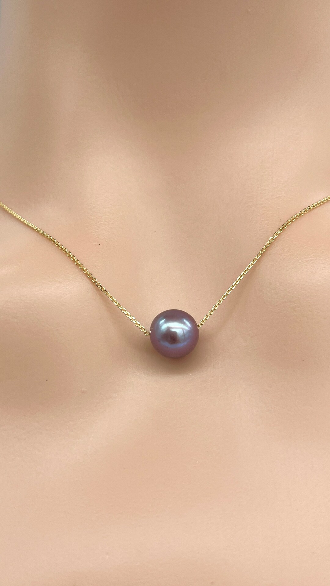 Black Pearl Gold Necklace, 10K 14K 18K Single Floating Pearl Necklace