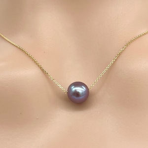 Black Pearl Gold Necklace, 10K 14K 18K Single Floating Pearl Necklace, Birthday Gift for Women, Jewelry for Woman , Every Day Jewelry