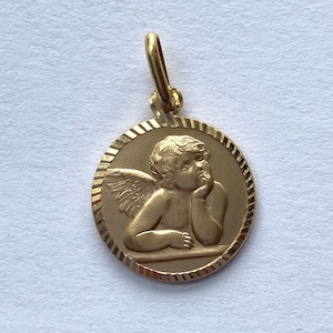 Guardian Angel Pendant, 14K Solid Gold Round Angel, Religious Medal, Birthday Gift for Women, Baby Baptism Gift,