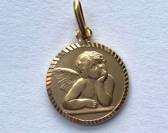 Guardian Angel Pendant, 14K Solid Gold Round Angel, Religious Medal, Birthday Gift for Women, Baby Baptism Gift,