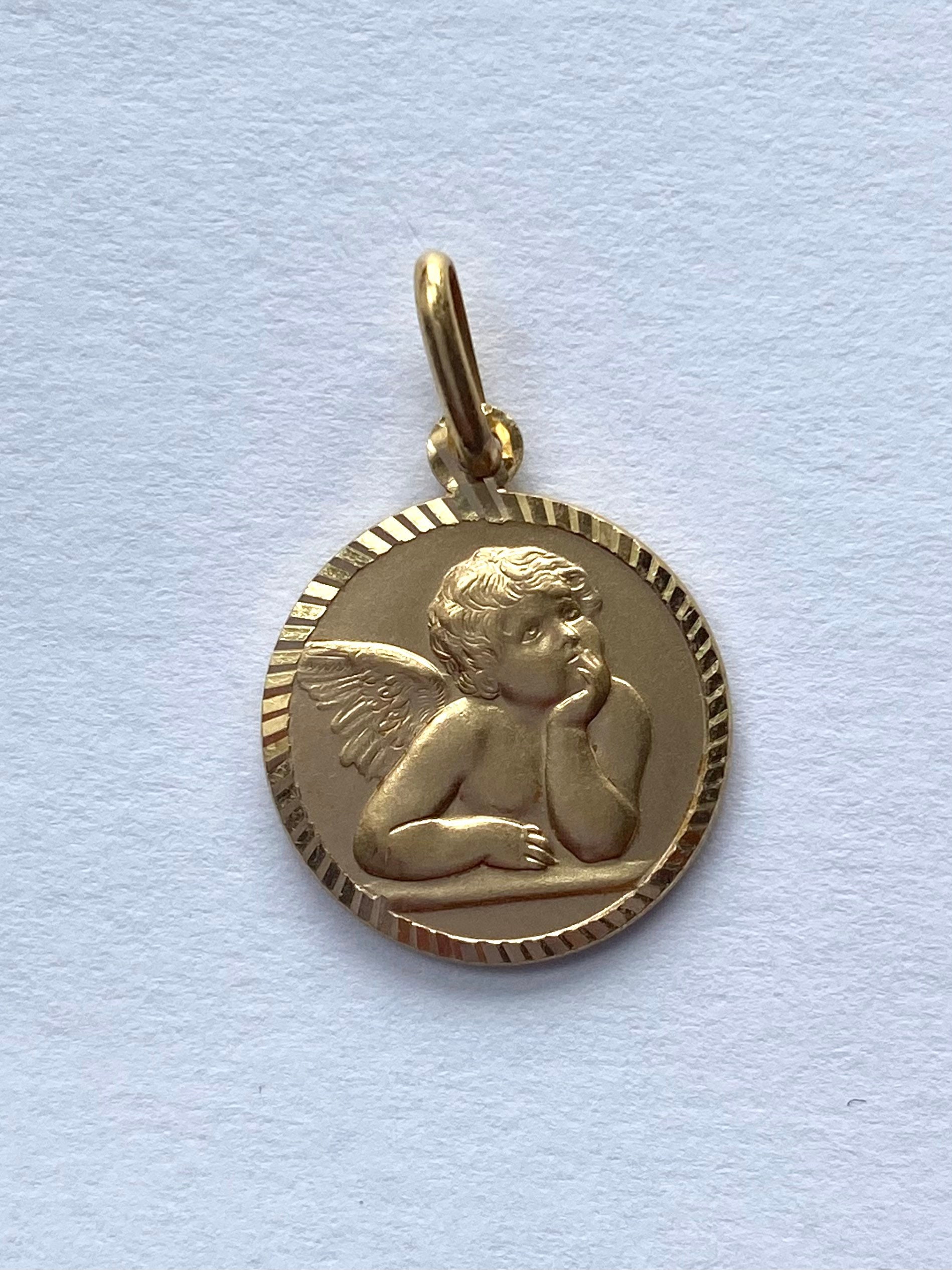 14K Massiv Gold Schutzengel Medaille - 14K Massivgold 15 Mm Rund