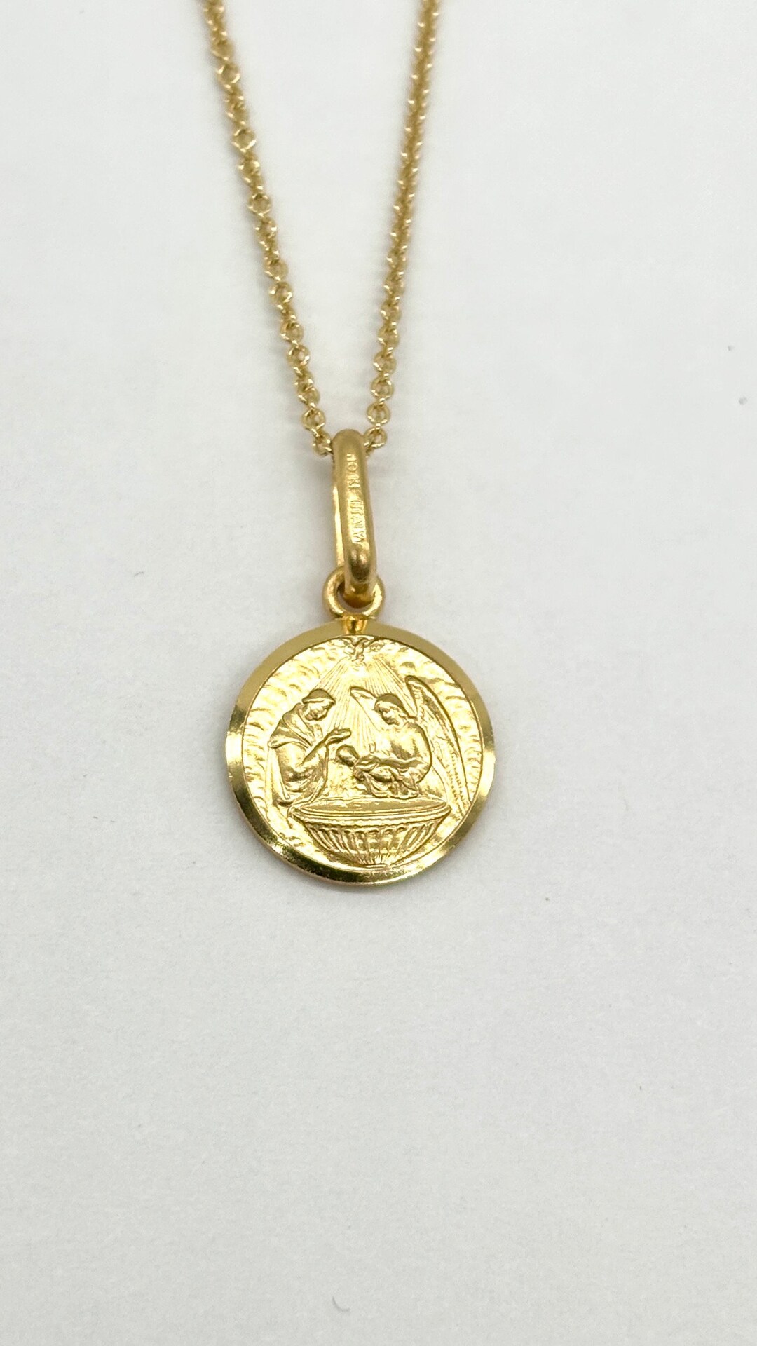 14K Solid Yellow Gold Baptism Pendant With Valentino Necklace – Religious Dije De Bautizo Y Cadena