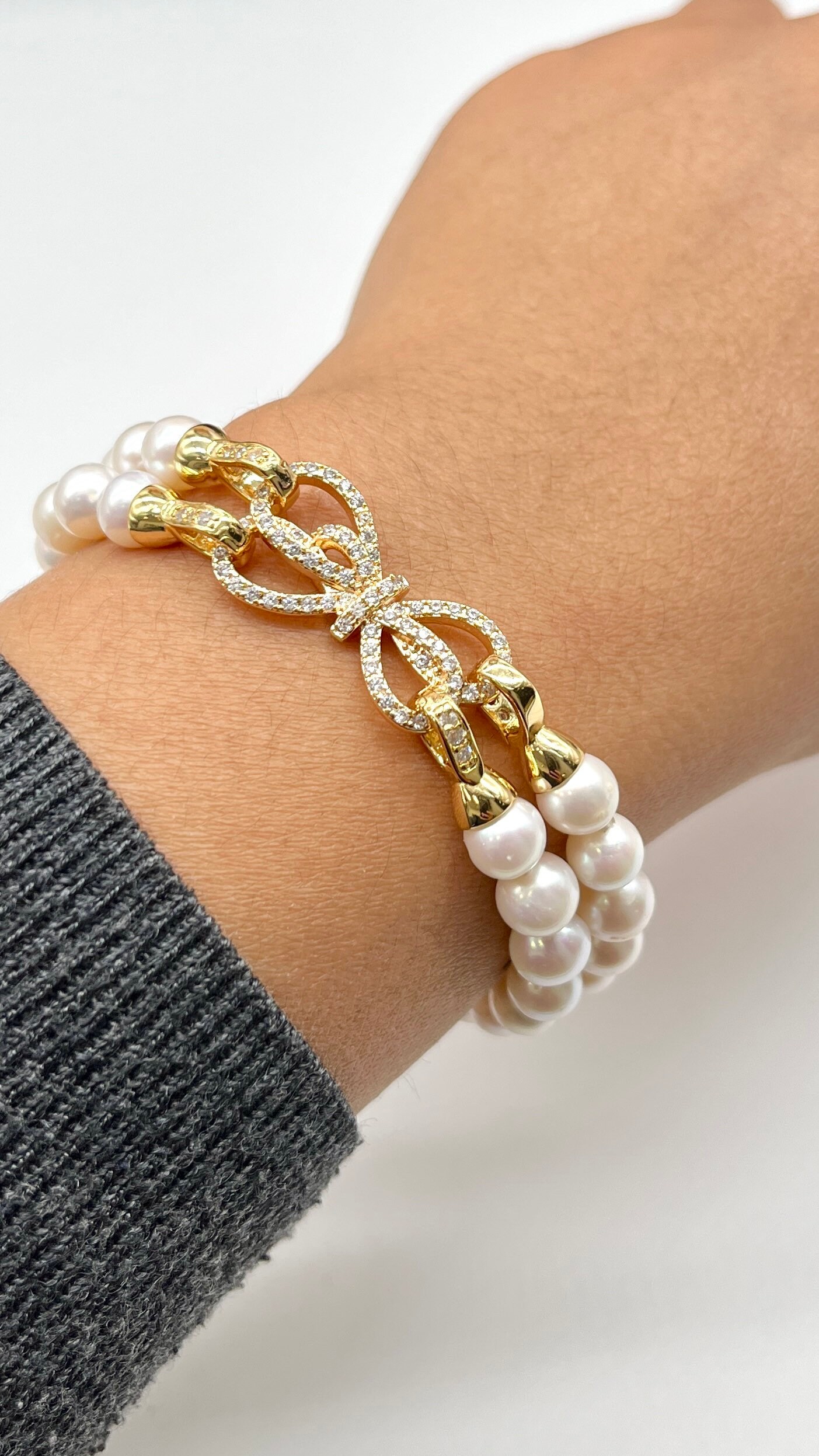 White Pearl Bracelet, 2 Row Freshwater Pearl, Versatile