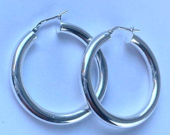 Hoop Earrings Silver, Snap Closure Thick Earrings, 925 Sterling Silver, High Quality Earrings, Birthday Gift for Women,