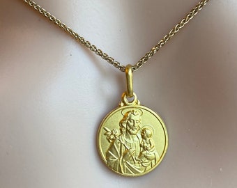 Saint Joseph Pendant, 14MM, 18K Solid Gold Necklace , Father Of Jesus, Gift for Dad, Gift for Engineers, Religious Gifts, Birthday Gifts