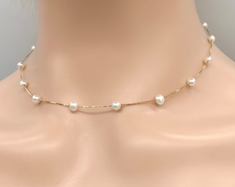 Floating Pearl Gold Necklace, 10K 14K 18K Box Italian Gold, 4mm Small Pearls, Birthday Gift for Women, Jewelry for Woman, Christmas Gift