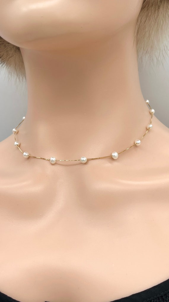 Floating Pearl Gold Necklace, 10K 14K 18K Box Italian Gold, 4mm