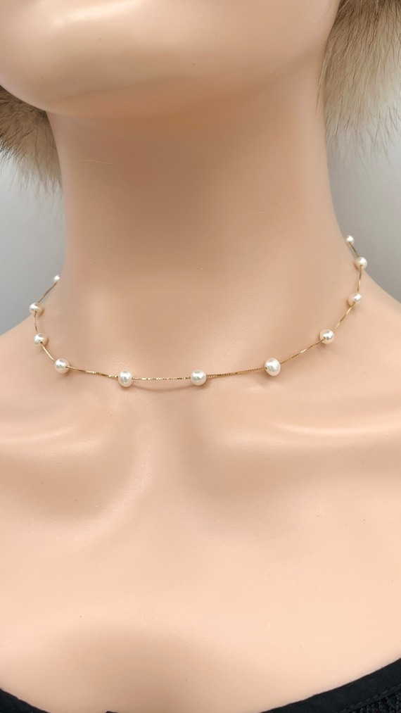 Floating Pearl Gold Necklace 10K 14K 18K Box Italian Gold 4mm Small Pearls Birthday Gift for Women Jewelry for Woman Valentines Gift Etsy