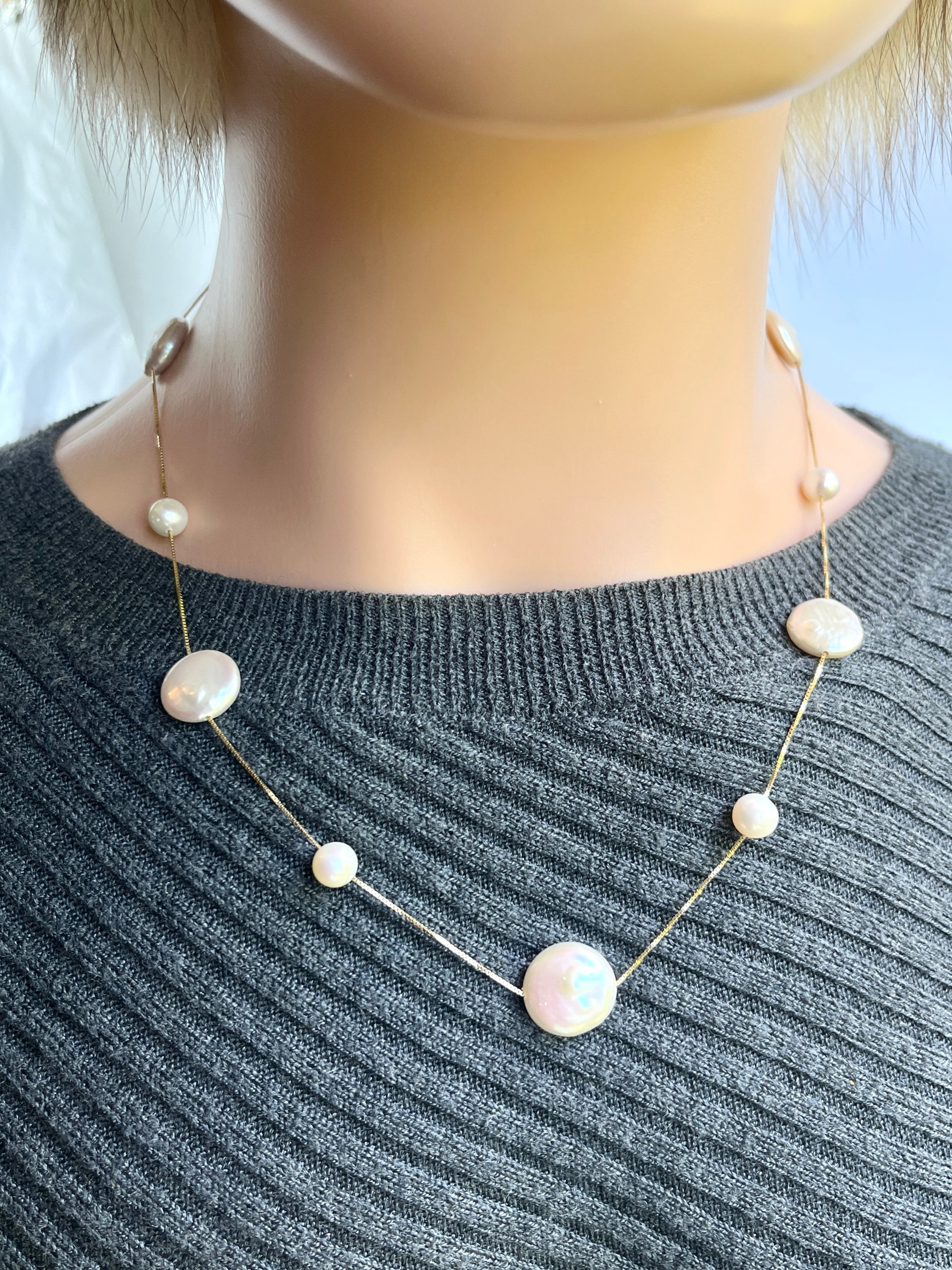 Floating Pearl Gold Necklace, 14K Solid Gold Box Chain, Long Pearl Necklace,  Birthday Gift for Women, Christmas Gift for Mom