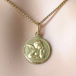Guardian Angel Pendant, 14mm, 14K Solid Gold Round Angel, Religious Medal, Birthday Gift for Women, Baby Baptism Gift,