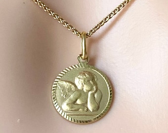 Guardian Angel Pendant, 14mm, 14K Solid Gold Round Angel, Religious Medal, Birthday Gift for Women, Baby Baptism Gift,