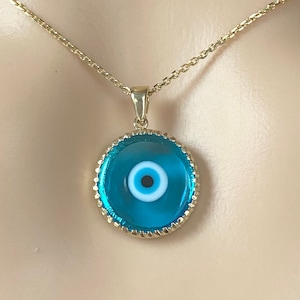 Evil Eye Gold Pendant, 14K Solid Gold Evil Eye Necklace, Protection Amulet, Birthday Gift for Women,