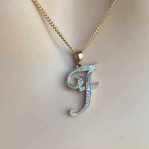 Colgante con inicial F, oro macizo de 10 quilates, collar con inicial en escritura, regalo de cumpleaños para mujer