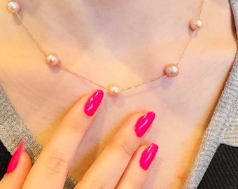 Pink Pearl Gold Necklace, 10K 14K 18K Solid Gold, Dainty Freshwater Pearl Necklace, Bridesmaid / Bride Necklace, Jewelry for Woman