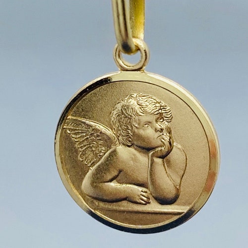 14K Solid Yellow Gold Guardian Angel Medal Pendant Round - Etsy