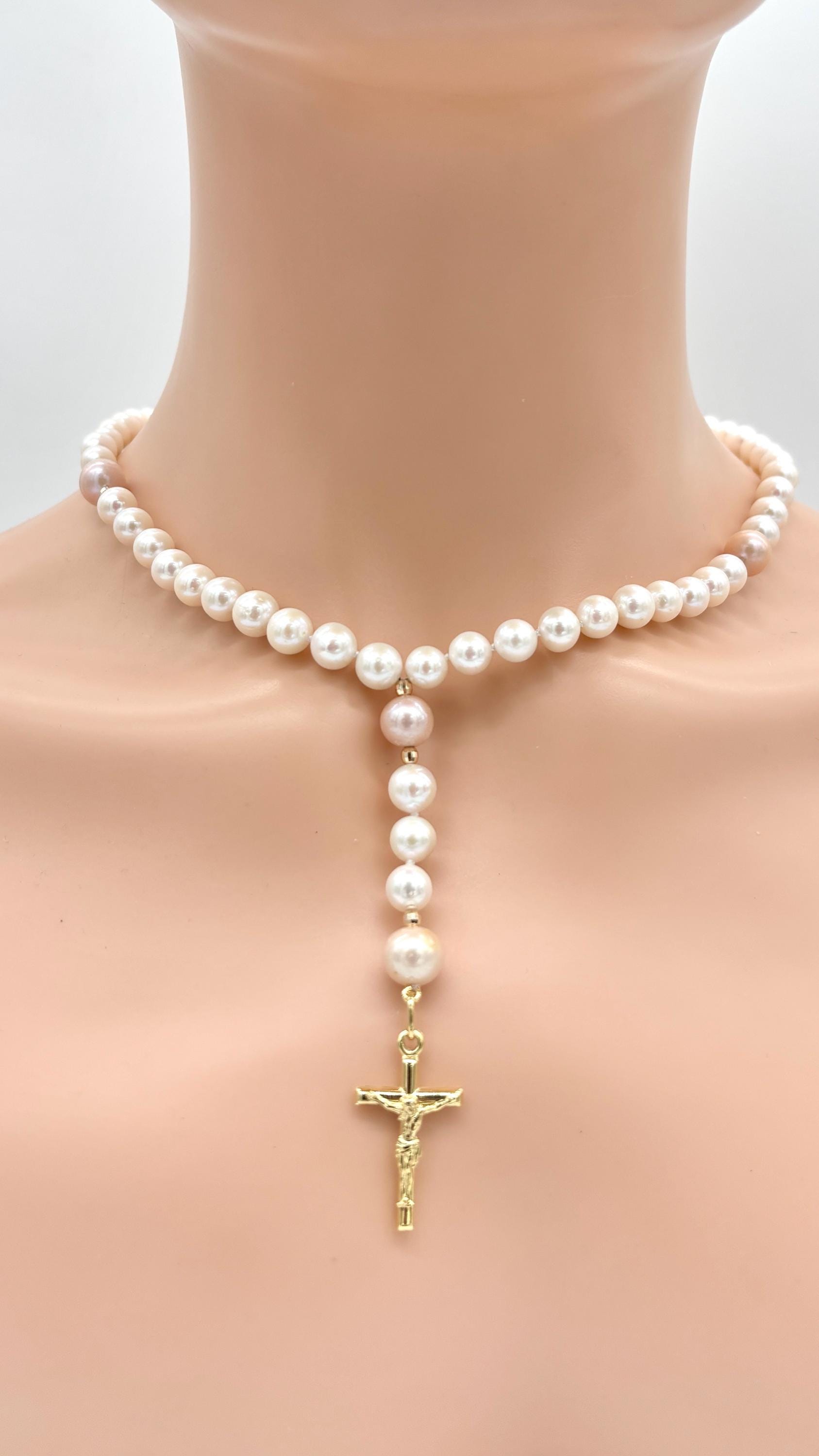 Rosary Pearl Gold Necklace, 14K Solid Gold Rosary, Handmade 