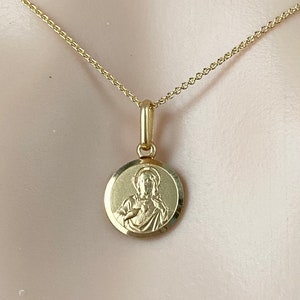 Heilig hart van Jezus, 10 mm, 10 kt massief goud, dubbel scapulier, kleine religieuze medaille, verjaardagscadeau voor moeder