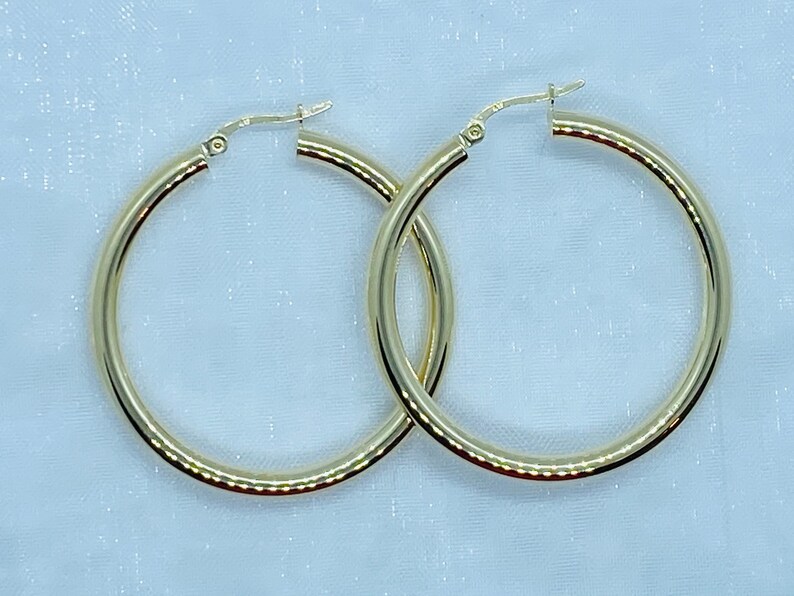 3MM 10K 14K Solid Gold 30MM Round Tube Earrings Gold Hoop Earrings Lightweight Earrings Gift for Her