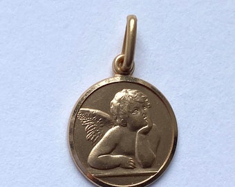 Guardian Angel Pendant, 12MM, 10K Solid Gold Angel Necklace, Baby Baptism Gift, Birthday Gift for Wife,