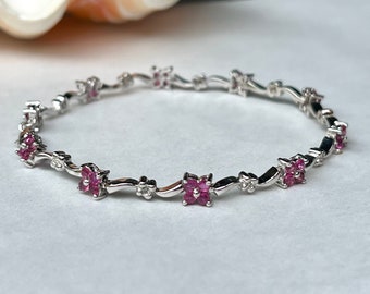 Ruby Tennis Bracelet, 18K Solid Gold Ruby Diamond Bracelet, Stacking Bracelet, Ruby Jewelry, July Birthstone, Christmas Gift for Wife