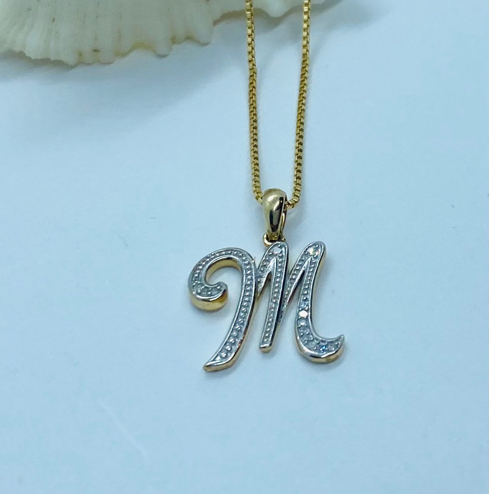 M Initial Pendant 10K Solid Gold Diamond Initial Necklace Etsy