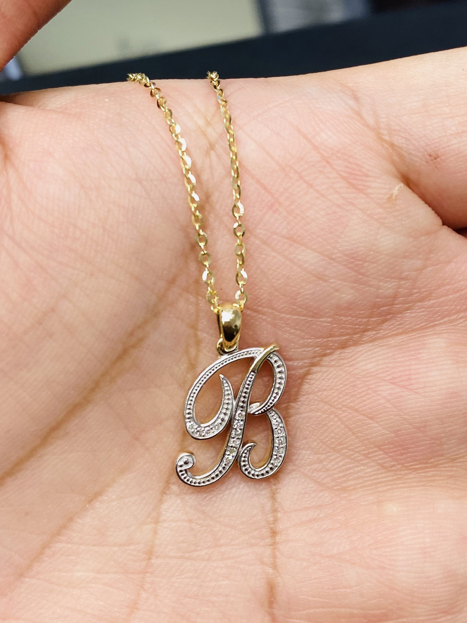 B Initial Pendant 10K Solid Gold Diamond Initial Necklace Etsy