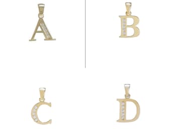 May include: Four gold pendants with small diamonds, each featuring a different letter of the alphabet: A, B, C, and D.