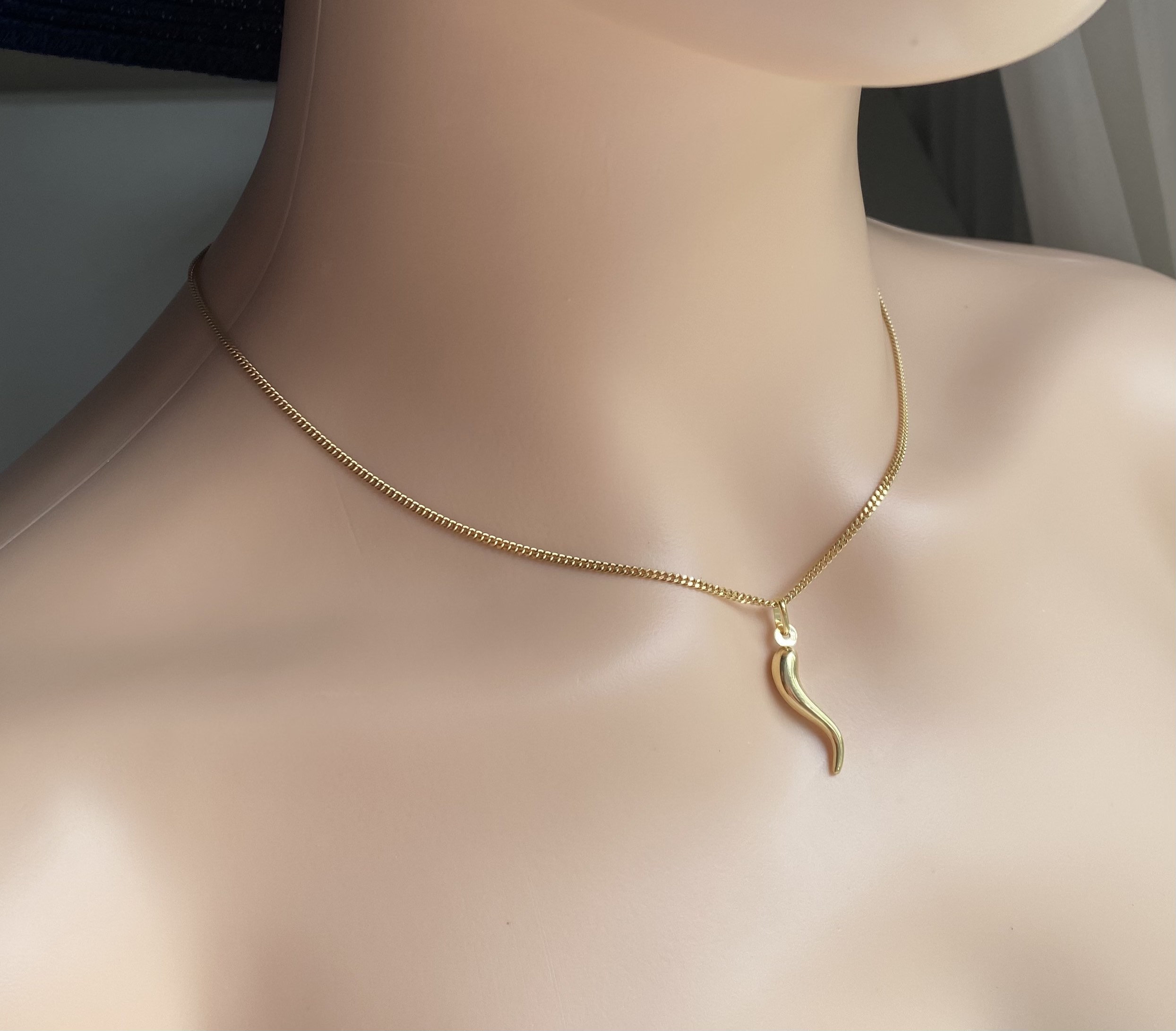 Gold Horn Pendant, 18K Solid Gold Cornicello Necklace, Good Gold Horn Pendant, 18K Solid Gold Cornicello Necklace, Good