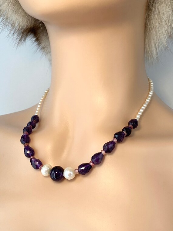 Amethyst Pearl Necklace Natural Gemstone Necklace Purple Beaded